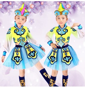 Turquoise blue yellow patchwork Mongolian Folk traditional performance girls kids children school play cos play dance dresses costumes outfits